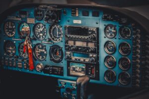 Vintage aircraft cockpit detail. Retro aviation, aircraft instru